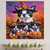 Boston Terrier Puppies Halloween Pumpkin Wall Art with Witch Hats Rustic Fall Canvas Decor for Autumn Bedrooms on Ready to Hang 1.5" Thick Canvas Wrap, Floating Framed Canvas, Flat Rolled Canvas